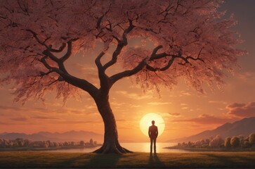 A man alone at sunset near a cherry tree