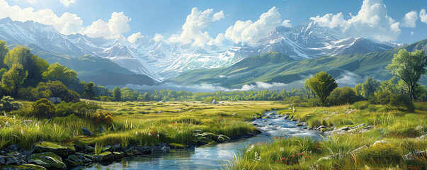 Wall Mural - A photorealistic painting of a lush green meadow with a winding stream flowing through it and snow-capped mountains in the distance.