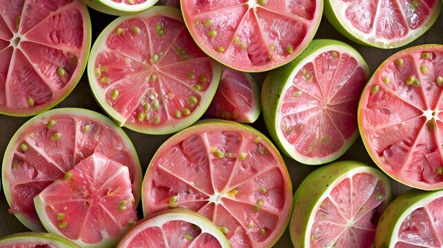 Slices of pink guava as background.