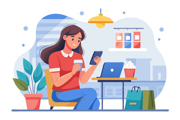 Poster - Young woman using smartphone for online shopping in a coffee shop white background modern flat design simple vector illustration isolated transparent background;