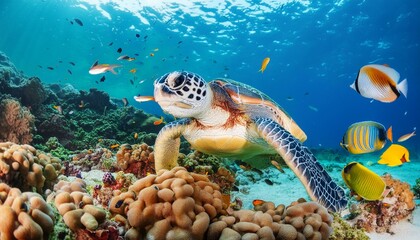 Wall Mural - turtle with group of colorful fish and sea animals with colorful coral underwater in ocean
