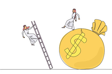 Poster - Single continuous line drawing Arab businessman kicks opponent who climbs the money bag with a ladder. Cheated by a business partner. Unprofitable business. Rival. One line design vector illustration