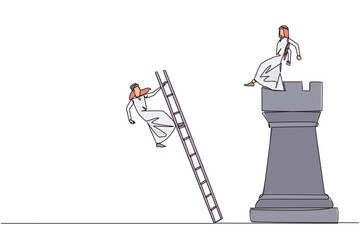 Poster - Single one line drawing Arab businessman kicks rival who climbs the chess rook with ladder. Wrong move. Wrong strategy. Plan leaked by colleague. Traitor. Continuous line design graphic illustration