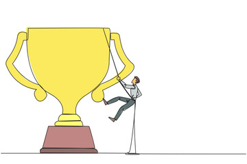 Poster - Single one line drawing businessman climbing the trophy with rope. Expanding branding by winning many awards. Connecting relationships. Mutual benefit. Continuous line design graphic illustration