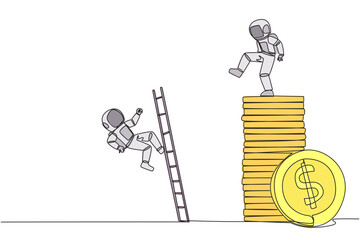 Poster - Continuous one line drawing astronaut kicks opponent who climbing a pile of coins with a ladder. Greed for wealth. Forgetting comrades in arms. The traitor. Single line draw design vector illustration