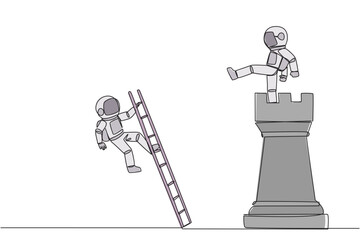 Poster - Single one line drawing astronaut kicks opponent who climbing the chess rook with ladder. Wrong move. Wrong strategy. Plan leaked by colleague. Traitor. Continuous line design graphic illustration