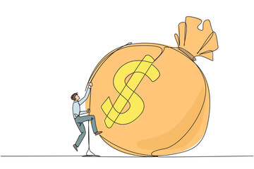 Poster - Continuous one line drawing businessman climbing money bag with rope. Work harder to get a very large retirement fund. Bring out abilities to the maximum Single line draw design vector illustration