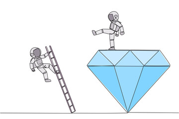 Poster - single one line drawing astronaut kicks rival who is climbing the diamond with a ladder. knocking ri