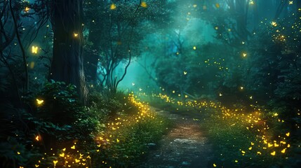 Wall Mural - enchanted forest path illuminated by glowing fireflies magical fairy tale scene digital fantasy illustration