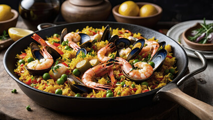 Paella.It is a classic Spanish rice dish made with rice, saffron, vegetables, chicken, and seafood.