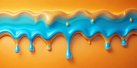 Wall Mural - A bright blue liquid drips against a contrasting orange background,creating a striking visual effect.Wavy blue stripes, on which shiny drops hang down, suggest a feeling of movement with copy space.AI