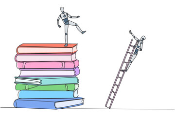 Poster - Continuous one line drawing smart robot kicks opponent who climbing a pile of books with a ladder. Failed to gain access to profitable business principles. Single line draw design vector illustration