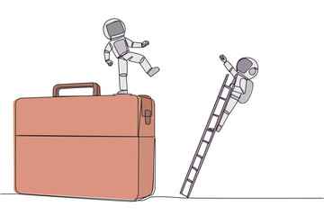 Poster - Continuous one line drawing astronaut kicks opponent who climbing the briefcase with a ladder. Keep away from intruders who disturb business trips. Rival. Single line draw design vector illustration