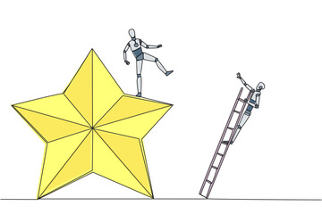 Poster - continuous one line drawing smart robot kicks opponent who is climbing the star with the ladder. dro