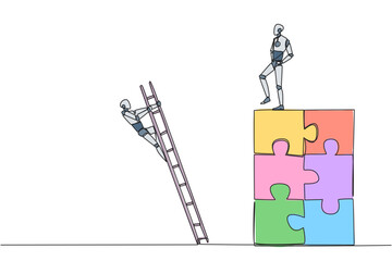 Poster - Single continuous line drawing smart robot kicks rival who is climbing the diamond with a ladder. Knocking rival down from achieving a glorious position together. One line design vector illustration