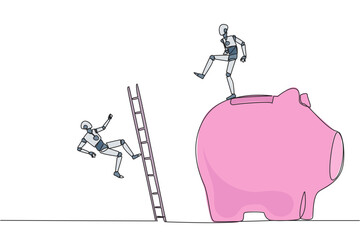 Poster - Continuous one line drawing robot kicks opponent who is climbing piggy bank with stair. Bringing down opponents so don't have any investment in the future. Single line draw design vector illustration