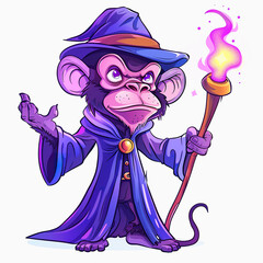 Wall Mural - Cute Baboon wizard cartoon wearing magic robe and magic hat. Chibi Monkey magician