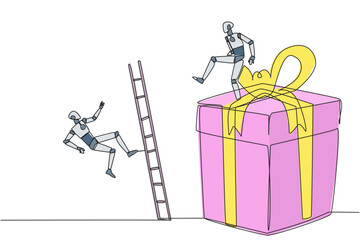 Wall Mural - Single continuous line drawing the smart robot kicks opponent who is climbing the gift box with the ladder. Competition justifies any means to get rewards. Rival. One line design vector illustration