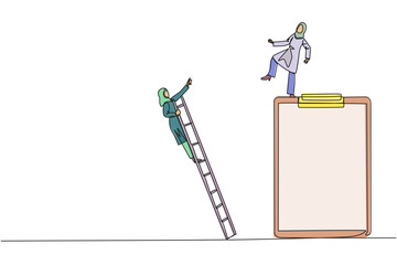 Wall Mural - Single one line drawing Arab businesswoman kicks opponent who climbs big clipboard with a ladder. The bully will ruin the daily report. Chase away bullies. Continuous line design graphic illustration