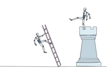 Poster - Single one line drawing smart robot kicks opponent who climbing the chess rook with ladder. Wrong move. Wrong strategy. Plan leaked by colleague. Traitor. Continuous line design graphic illustration