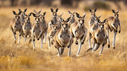 Wall Mural - a herd of kangaroos bounding across the australian outback and their powerful hind legs propelling t