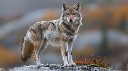  lone wolf standing on a rock in the mountains
