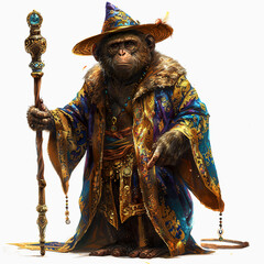 Wall Mural - 3D Baboon wizard cartoon wearing magic robe and magic hat. Realistic Monkey magician.