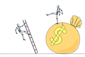 Poster - Single continuous line drawing smart robot kicks opponent who is climbing the money bag with a ladder. Cheated by a business partner. Unprofitable business. Rival. One line design vector illustration
