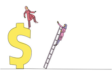 Poster - Single one line drawing Arab businesswoman kicks rival who climbing a dollar symbol with ladder. Unhealthy competition. Using rough methods to bring down. Continuous line design graphic illustration