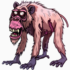 Wall Mural - Baboon Walking Dead monster on white background. Scary Monkey Zombie cartoon