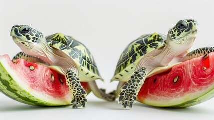 Wall Mural - pair of turtles eating a piece of watermelon