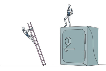 Poster - Single continuous line drawing the smart robot kicks opponent who is climbs safe deposit box with ladder. Dropped roughly. Unable to save important files. Rival. One line design vector illustration