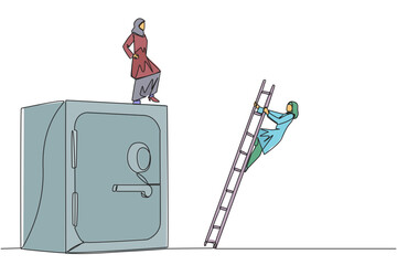 Poster - Single one line drawing Arab businesswoman kicks opponent who climbs safe deposit box with ladder. Dropped roughly. Unable to save important files. Rival. Continuous line design graphic illustration
