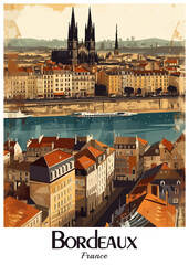 Bordeaux France Poster Ilustration Travel Print Decor Gift Paper Canvas Wall Retro Art