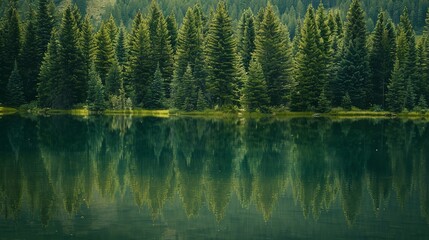 Sticker - Forest Lake Reflection: A peaceful forest scene reflected in a calm lake during early morning light.