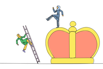 Poster - Single continuous line drawing Arab businesswoman kicks opponent who climbs the crown with ladder. Making rivals fall from business glory. Unhealthy competition. One line design vector illustration