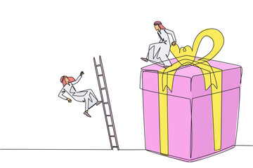 Poster - single continuous line drawing arabian businessman kicks opponent who is climbing the gift box with 