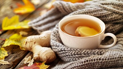 Ginger Tea and Scarf: A cup of fragrant ginger tea with honey on a chunky knit sweater background.