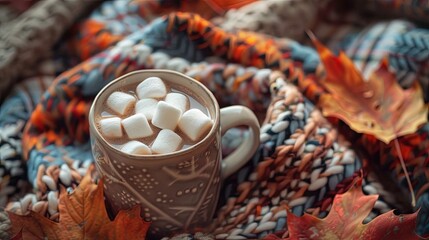 Sticker - Hot Cocoa with Marshmallows: A mug of hot cocoa with floating marshmallows set against a warm woolen sweater