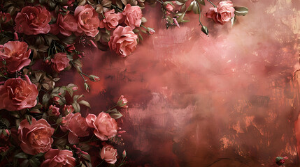 Wall Mural - Pink roses on red background with smoky petals, plant event