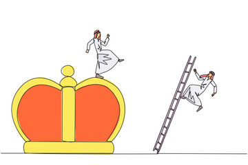 Poster - Continuous one line drawing Arab businessman kicks opponent who climbs the crown with ladder. Making rivals fall from business glory. Unhealthy competition. Single line draw design vector illustration