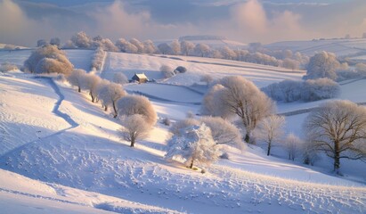 Wall Mural - An idyllic winter countryside with rolling hills covered in snow, scattered trees dusted with frost, and a distant view of a cozy farmhouse