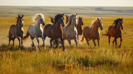 a herd of wild horses galloping across a grassy plain and their manes and tails flowing in the wind