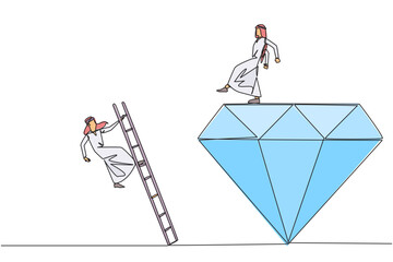 Poster - Single continuous line drawing Arab businessman kicks rival who climbs the diamond with a ladder. Knocking rival down from achieving a glorious position together. One line design vector illustration