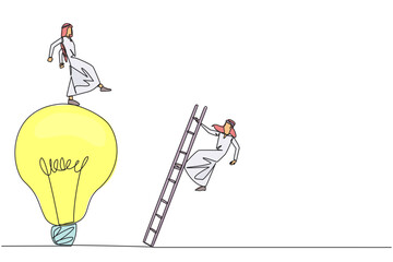 Poster - Single continuous line drawing Arab businessman kicks opponent who climbs the lightbulb with a ladder. Dropping colleague because don't have bright ideas. Traitor. One line design vector illustration
