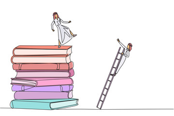 Poster - single continuous line drawing arab businessman kicks opponent who climbs a pile of books with a lad