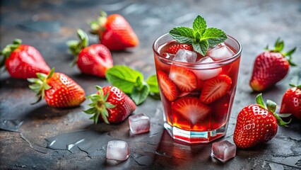 Wall Mural - Refreshing strawberry juice with a splash of ice cubes and fresh berries, healthy, beverage, drink, fruity, organic