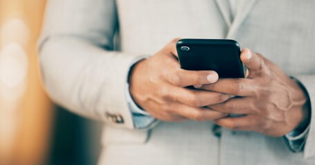hands, business person and smartphone for typing, text message and communication app in office. empl