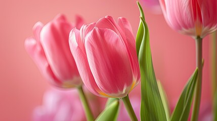 Sticker - Close-up of pink tulips against a pink background, elegant for a birthday card