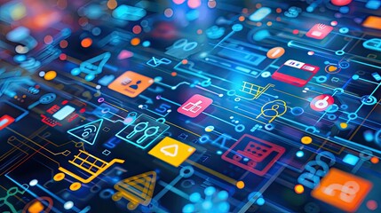 Conceptual image of digital shopping icons on a vibrant blue background